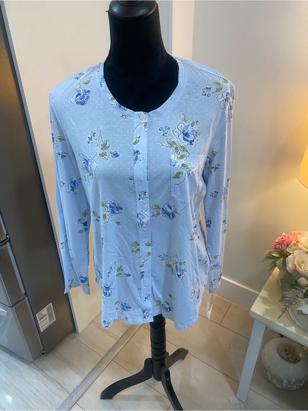 Midnight by Carole Hochman Light Blue Floral Button-Down Sleep Shirt